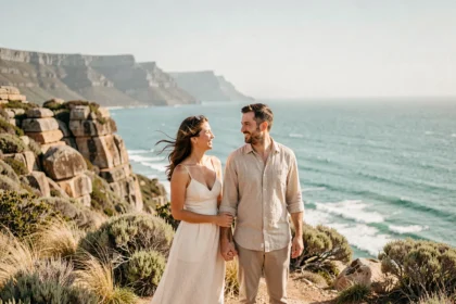 Couple en lune de miel sur les falaises de Cape Town avec vue sur l'océan Atlantique en Afrique du Sud