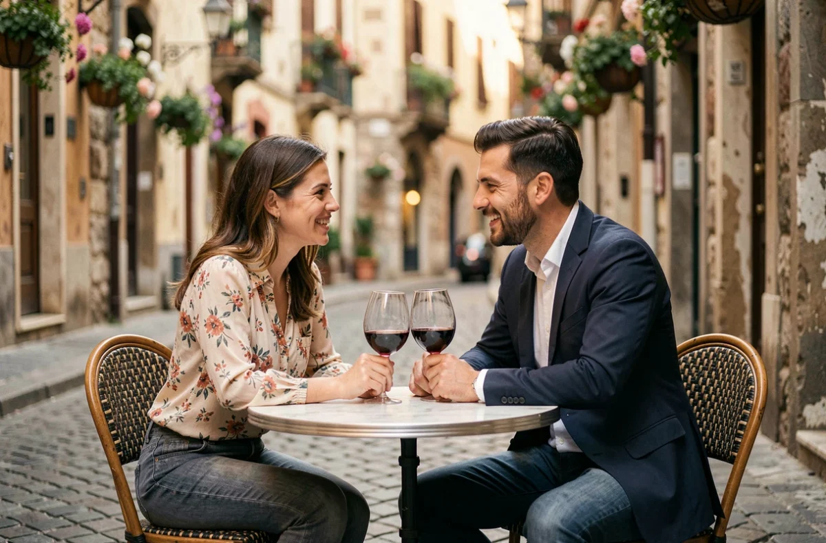 Couple en lune de miel attablé dans un café de rue européen partageant un verre de vin