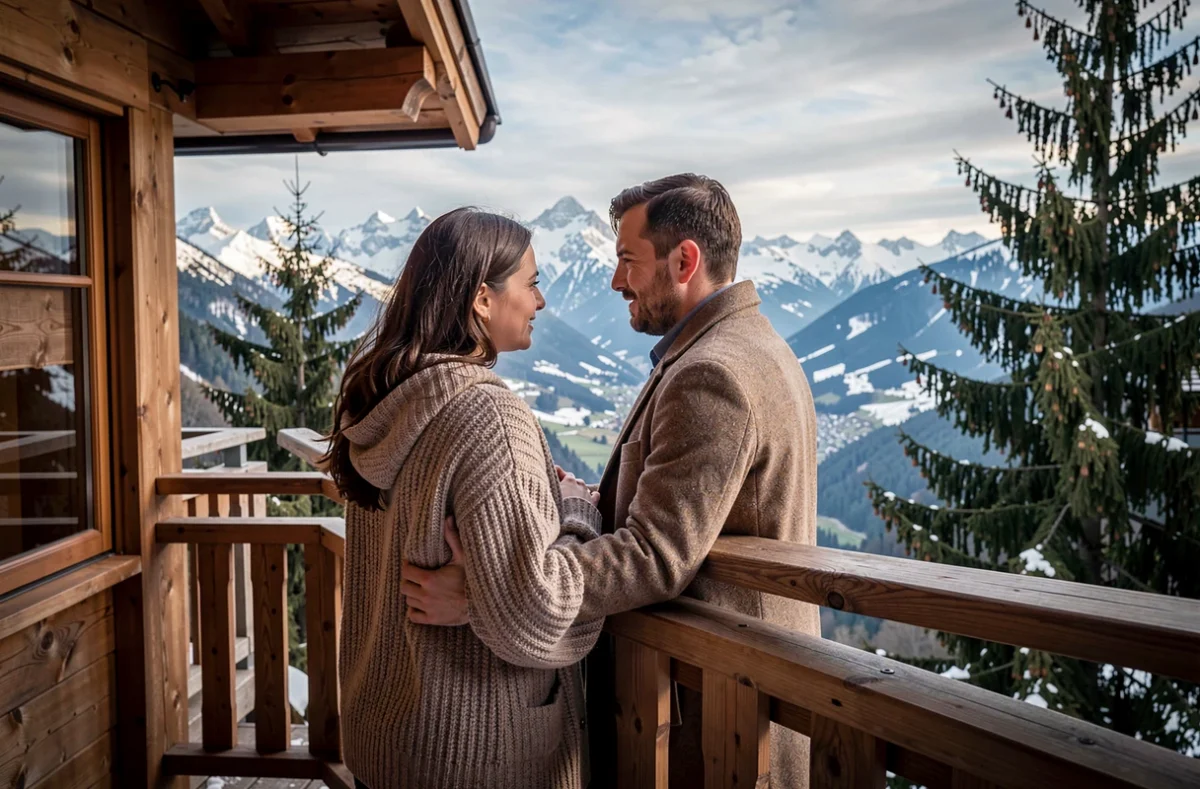 Couple en lune de miel observant un paysage alpin depuis le balcon d'un chalet de montagne