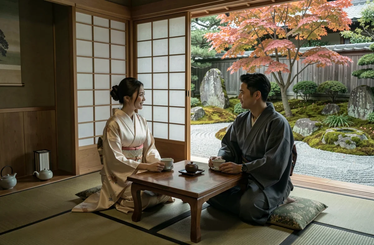 Couple en lune de miel dans un ryokan japonais traditionnel avec vue sur un jardin zen en automne