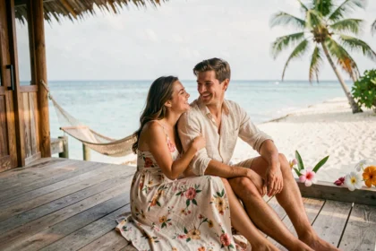 Couple en lune de miel sur un bungalow sur pilotis aux Maldives avec vue sur le lagon turquoise