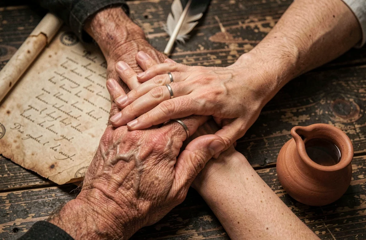 Mains d'un couple médiéval portant des alliances en fer posées sur un parchemin, symbolisant les liens du mariage au Moyen Âge