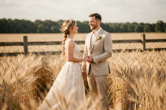 Mariés en tenue champêtre dans un champ de blé doré, robe en dentelle ivoire et costume en lin beige, décor rustique en plein air