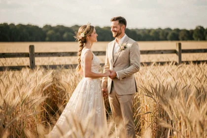 Mariés en tenue champêtre dans un champ de blé doré, robe en dentelle ivoire et costume en lin beige, décor rustique en plein air