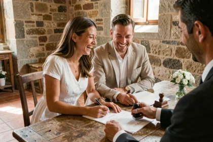 Couple signant leur acte de mariage civil dans une mairie méditerranéenne à l'étranger