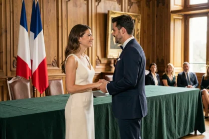 Couple échangeant leurs vœux lors d'une cérémonie de mariage civil à la mairie devant un officier d'état civil