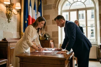 Couple signant les documents officiels lors d'un mariage civil en mairie française