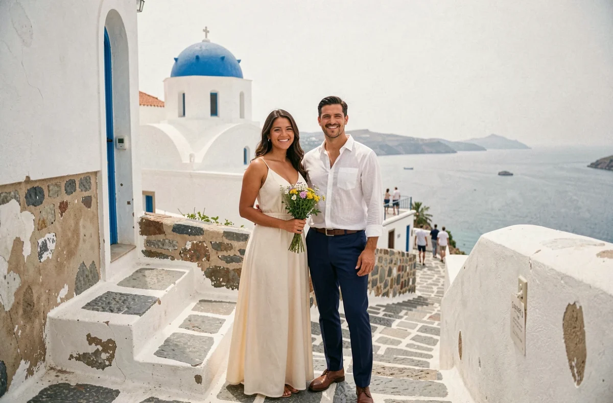 Couple de jeunes mariés devant une chapelle blanche sur une île grecque lors d'un mariage à l'étranger