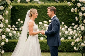 Couple de mariés échangeant leurs vœux dans un jardin fleuri en juin lors d'une cérémonie en plein air