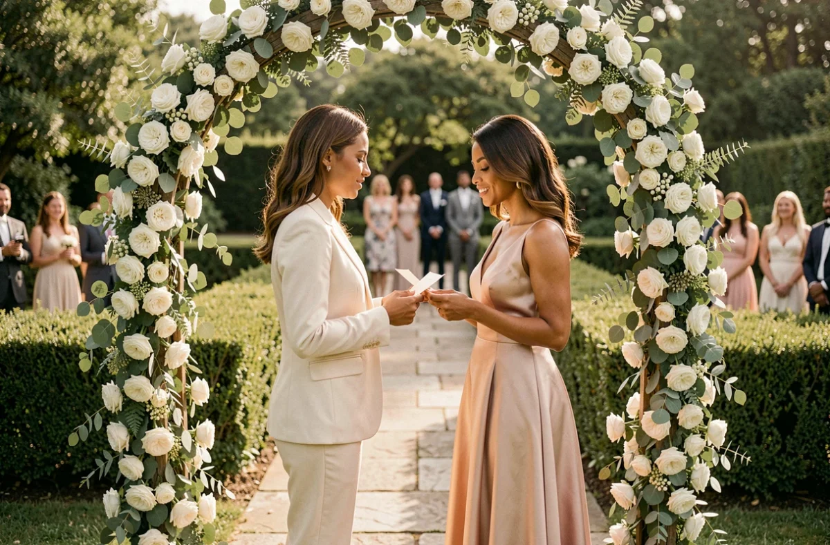 Cérémonie de mariage laïque en plein air avec un couple échangeant des vœux sous un arche florale