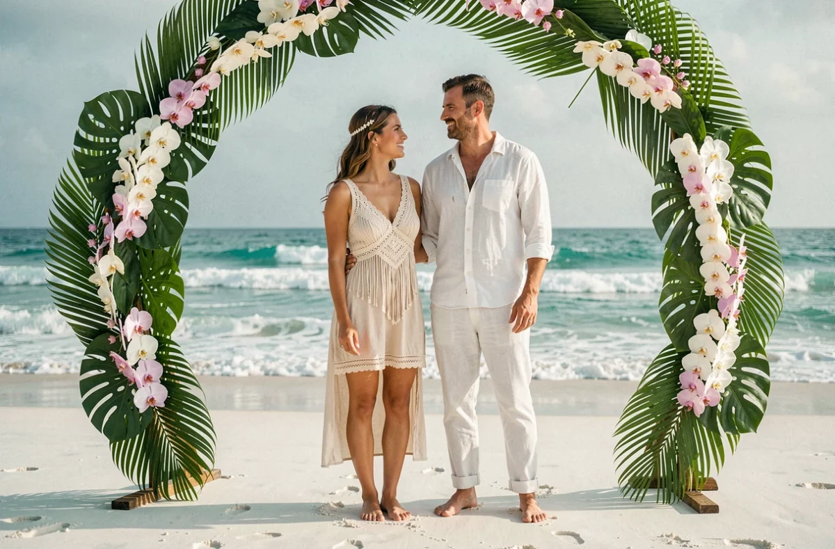 Mariage symbolique pieds nus sur une plage de sable blanc à Bali avec arche florale tropicale