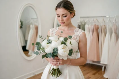Mariée tenant son bouquet de fleurs blanches dans une boutique de mariage élégante
