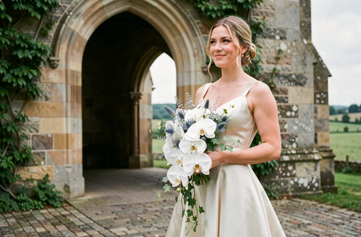 Mariée tenant un bouquet en cascade d'orchidées blanches et chardons bleus devant une arche de chapelle en pierre