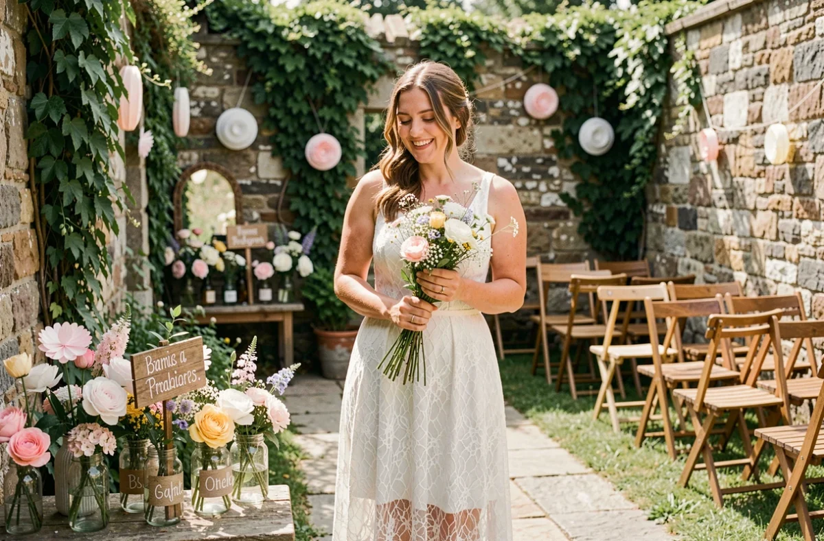 Mariée en robe blanche simple tenant un bouquet de fleurs sauvages dans un jardin décoré de façon DIY pour un mariage économique