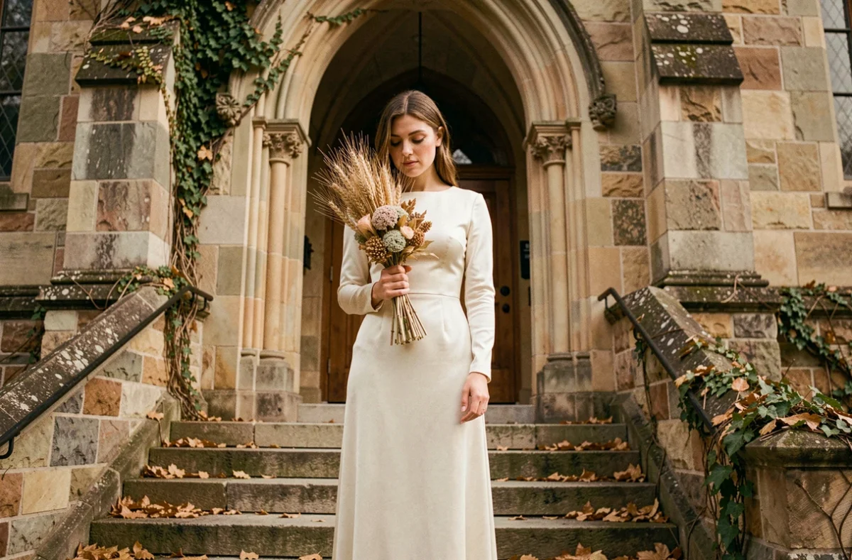 Mariée posant seule sur les marches d'une église en pierre en octobre avec un bouquet de fleurs séchées automnales