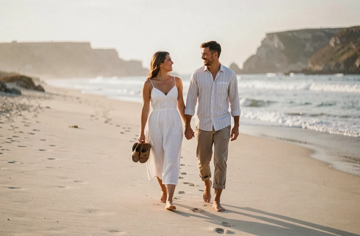 Jeunes mariés se promenant pieds nus sur une plage déserte pendant leur lune de miel romantique