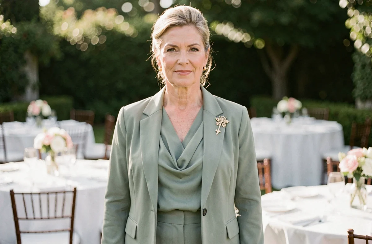 Mère du marié en combinaison pantalon chiffon vert sauge dans un jardin de réception de mariage