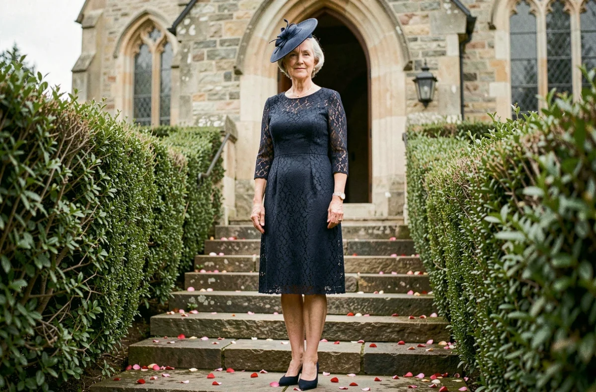 Mère du marié en robe en dentelle bleu marine devant une église de campagne le jour du mariage