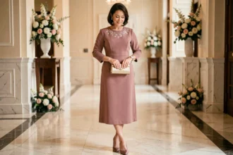 Mère du marié en robe midi rose poudré élégante dans un hall de réception de mariage