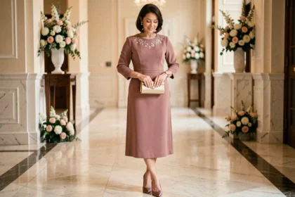 Mère du marié en robe midi rose poudré élégante dans un hall de réception de mariage