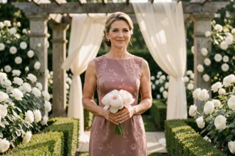 Mère de la mariée élégante en robe midi vieux rose avec broderies florales dans un jardin de cérémonie