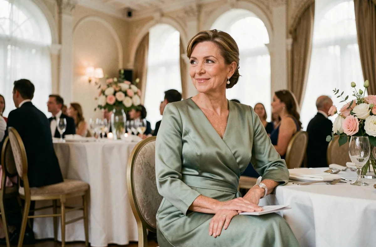 Mère de la mariée assise en robe longue vert sauge dans une salle de réception de mariage élégante