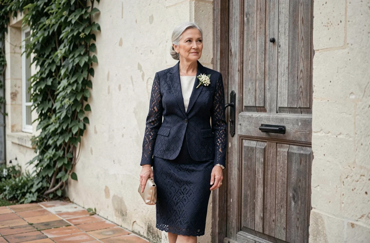 Mère de la mariée en tailleur bleu marine dentelle devant un château de campagne française