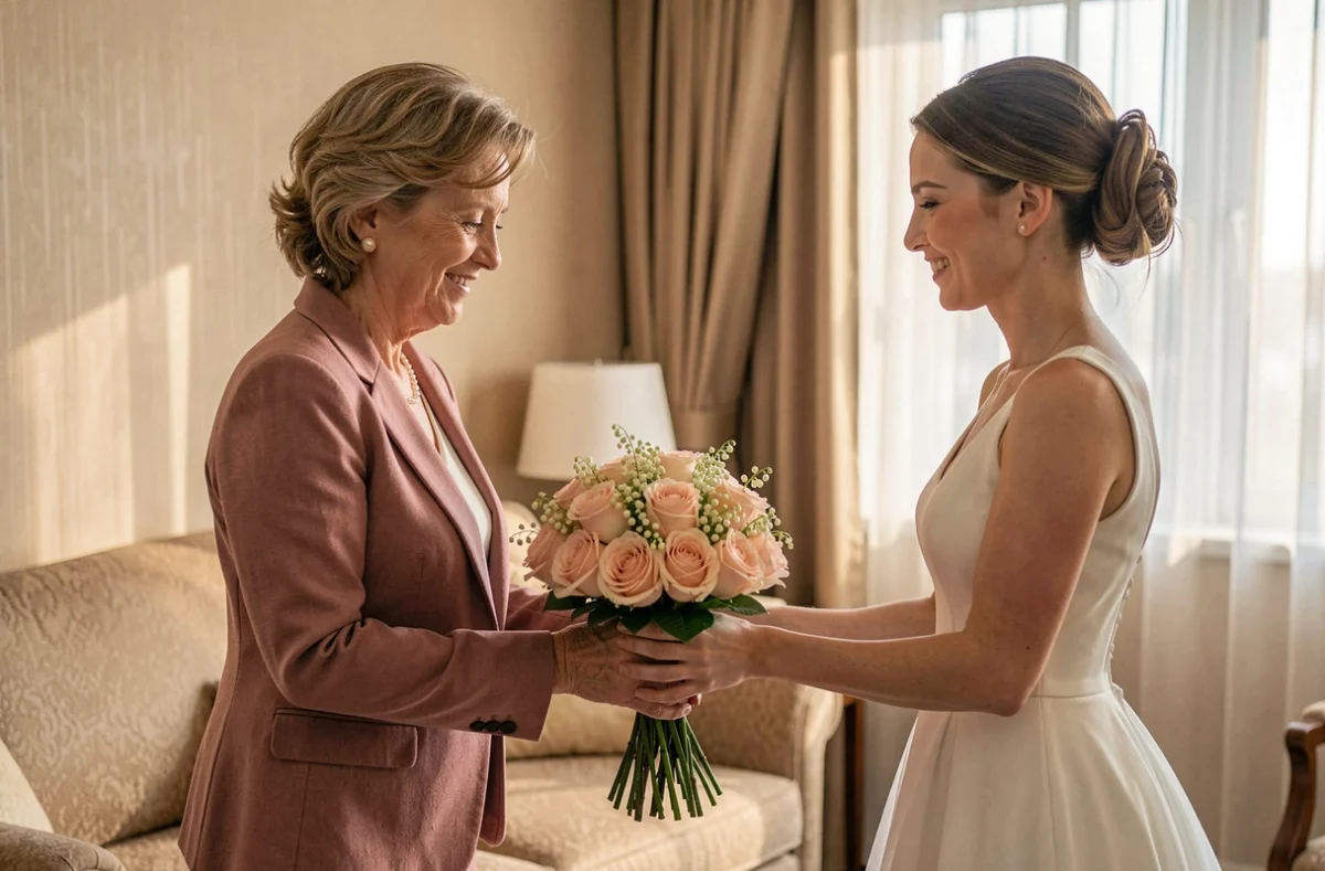 Mère de la mariée offrant un bouquet de roses à sa fille le jour du mariage