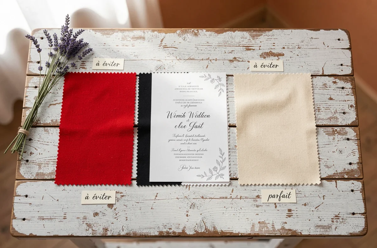 Nuancier de couleurs appropriées et inappropriées pour une tenue de mariage, vue de dessus sur table en bois