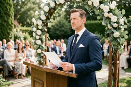 Officiant de mariage en costume marine prononçant un discours devant un arche fleuri lors d'une cérémonie en plein air