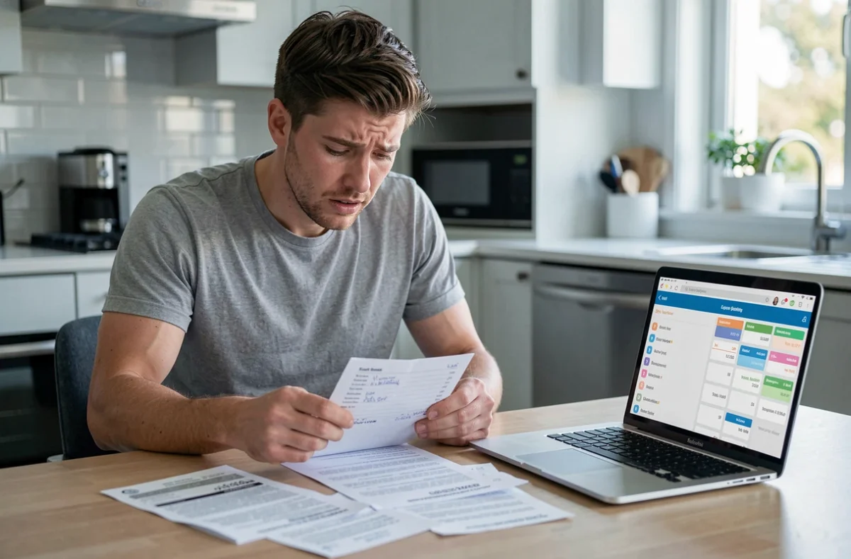 Homme consultant un budget et des reçus pour organiser un enterrement de vie de garçon