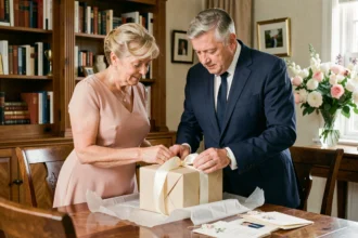 Parents de la mariée enveloppant un cadeau de mariage élégant à la maison