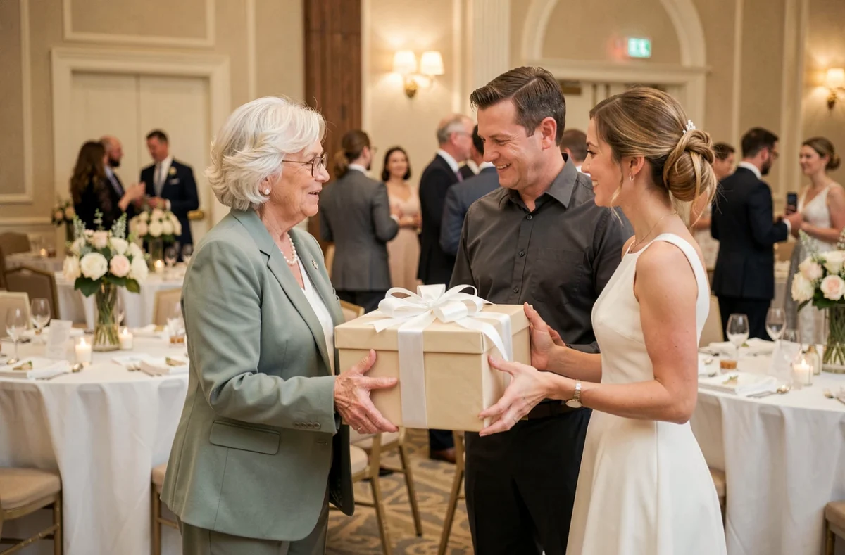 Parents de la mariée offrant un cadeau à leur fille lors de la réception de mariage