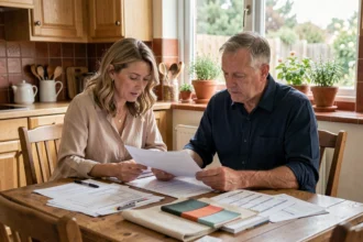 Un couple de parents assis à une table en bois, discutant du budget du mariage avec des documents et des échantillons de tissu étalés devant eux