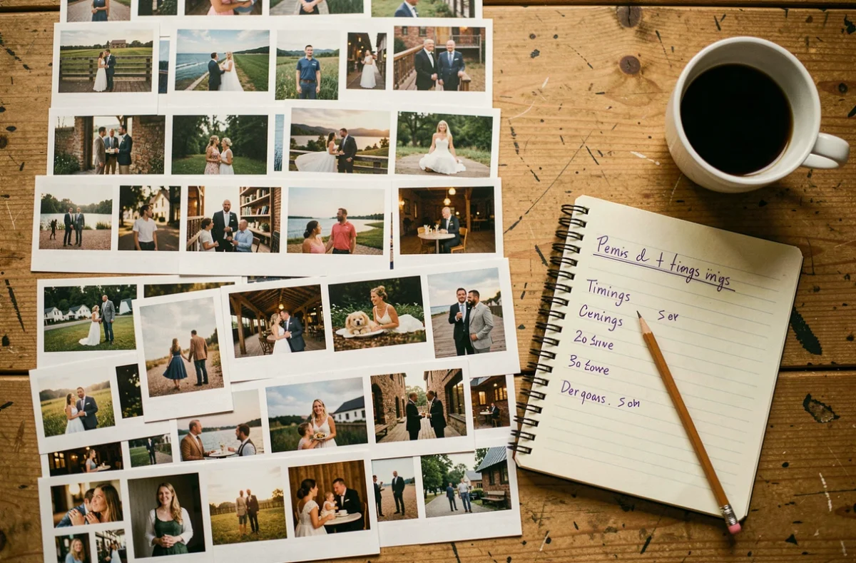Vue aérienne de photos imprimées disposées sur une table avec des notes manuscrites pour calculer la durée d'un diaporama