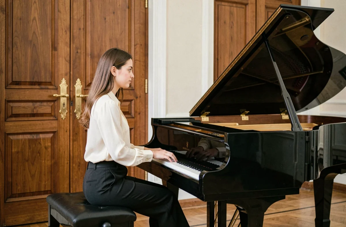 Pianiste jouant du piano à queue devant les portes d'une salle des mariages de mairie