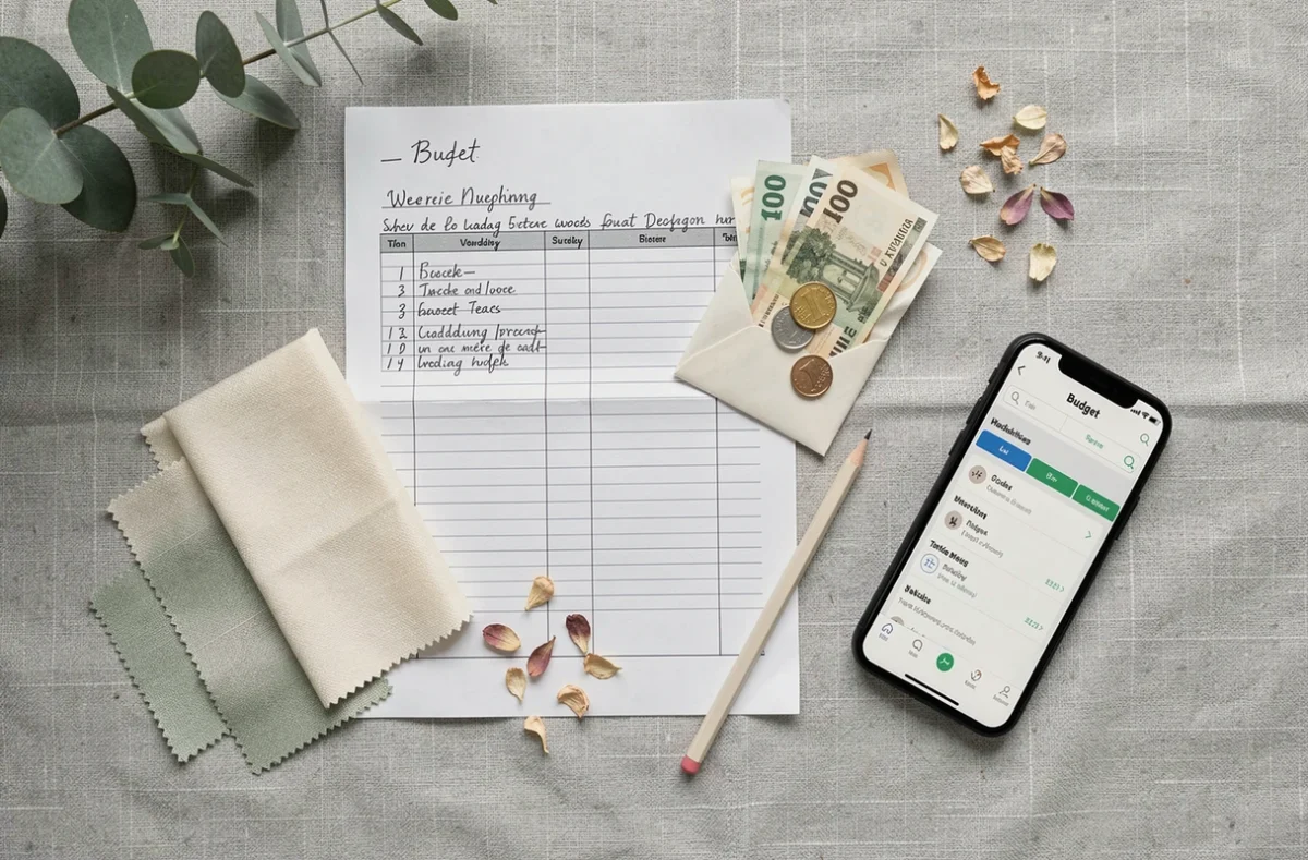 Vue de dessus d'un planning de mariage avec budget écrit à la main, pièces de monnaie et échantillons de tissu pour organiser un mariage pas cher