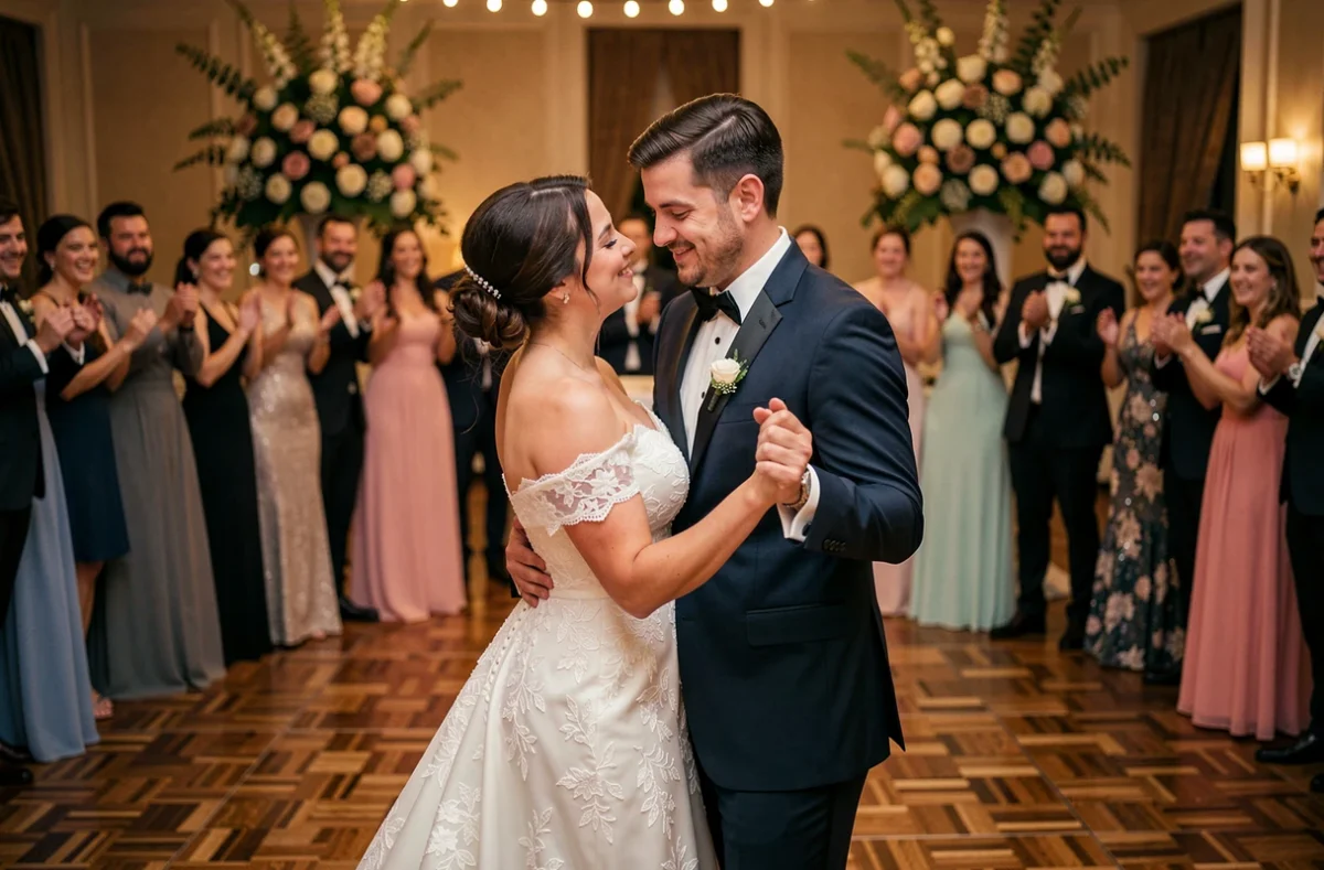 Couple de mariés partageant leur première danse entouré de leurs invités souriants