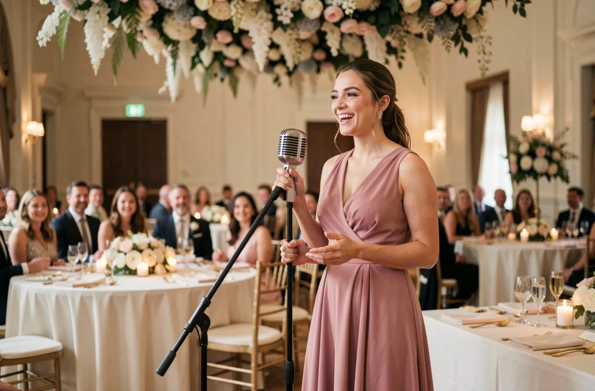 Présentatrice de mariage en robe rose poudré tenant un microphone lors d'un discours de réception en salle
