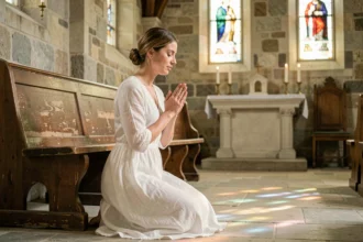 Femme en prière dans une chapelle de pierre pour bénédiction de mariage