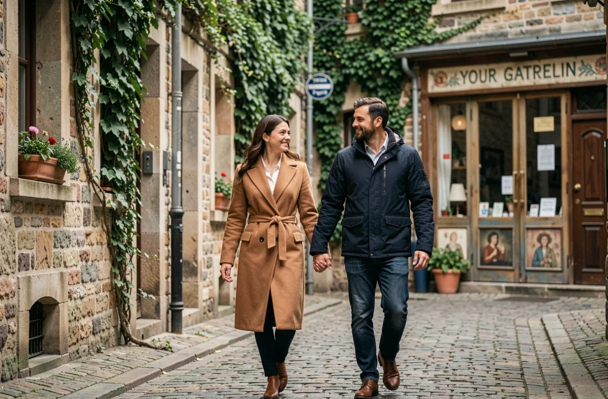 Couple se promenant main dans la main dans une ruelle pavée romantique d'un vieux quartier européen