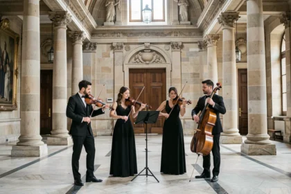 Quatuor à cordes jouant dans le hall d'entrée d'une mairie française lors d'une cérémonie de mariage civil