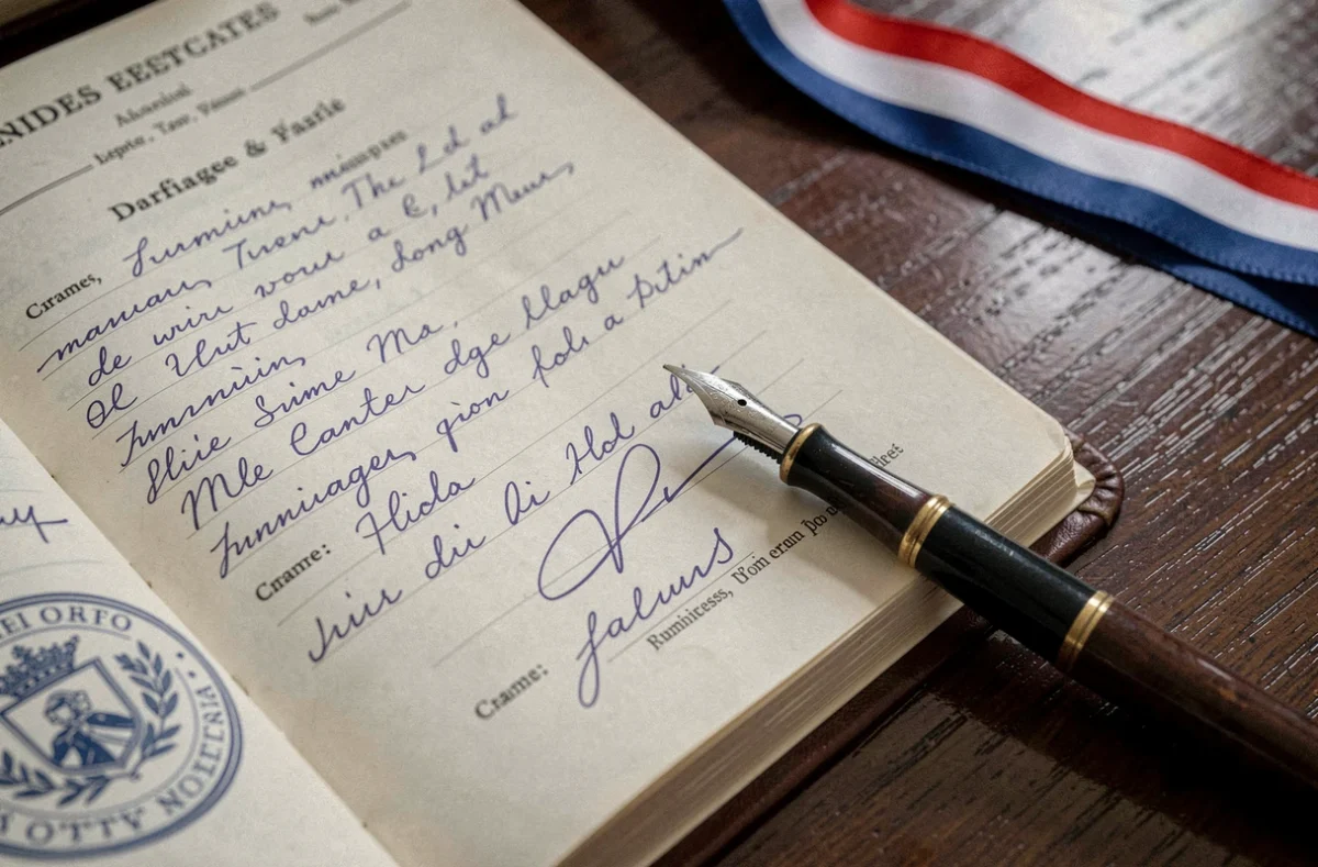 Registre de mariage civil ouvert avec stylo plume et ruban tricolore sur un bureau de mairie française