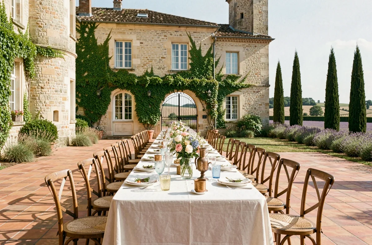 Table de mariage dressée devant un château en pierre dans la campagne provençale avec des fleurs sauvages