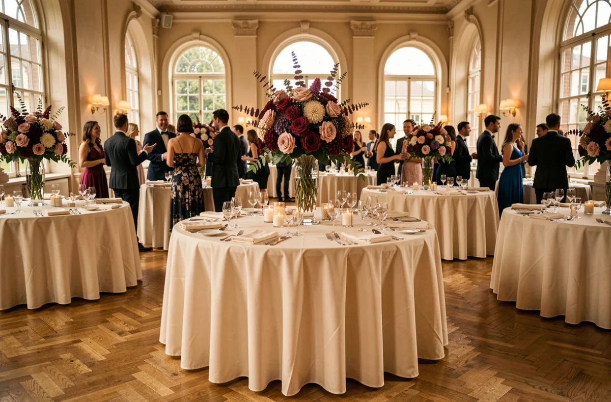 Salle de réception de mariage décorée pour une célébration automnale en septembre avec tables fleuries et invités élégants