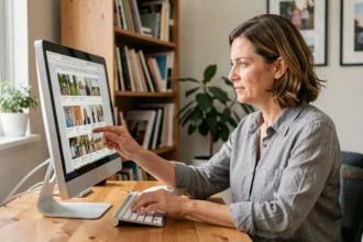 Femme sélectionnant des photos sur un écran d'ordinateur pour créer un diaporama de 4 minutes