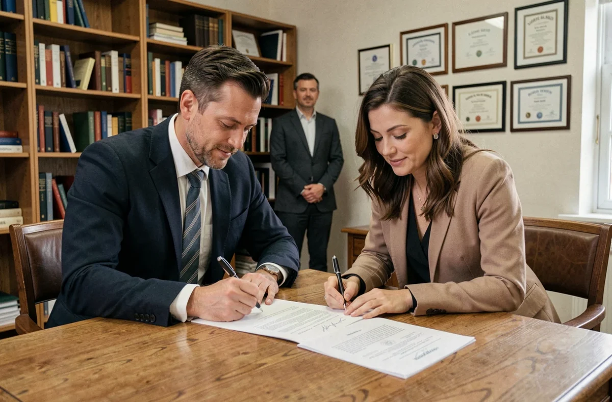 Couple signant un acte de mariage civil dans un bureau d'état civil avec un seul témoin discret