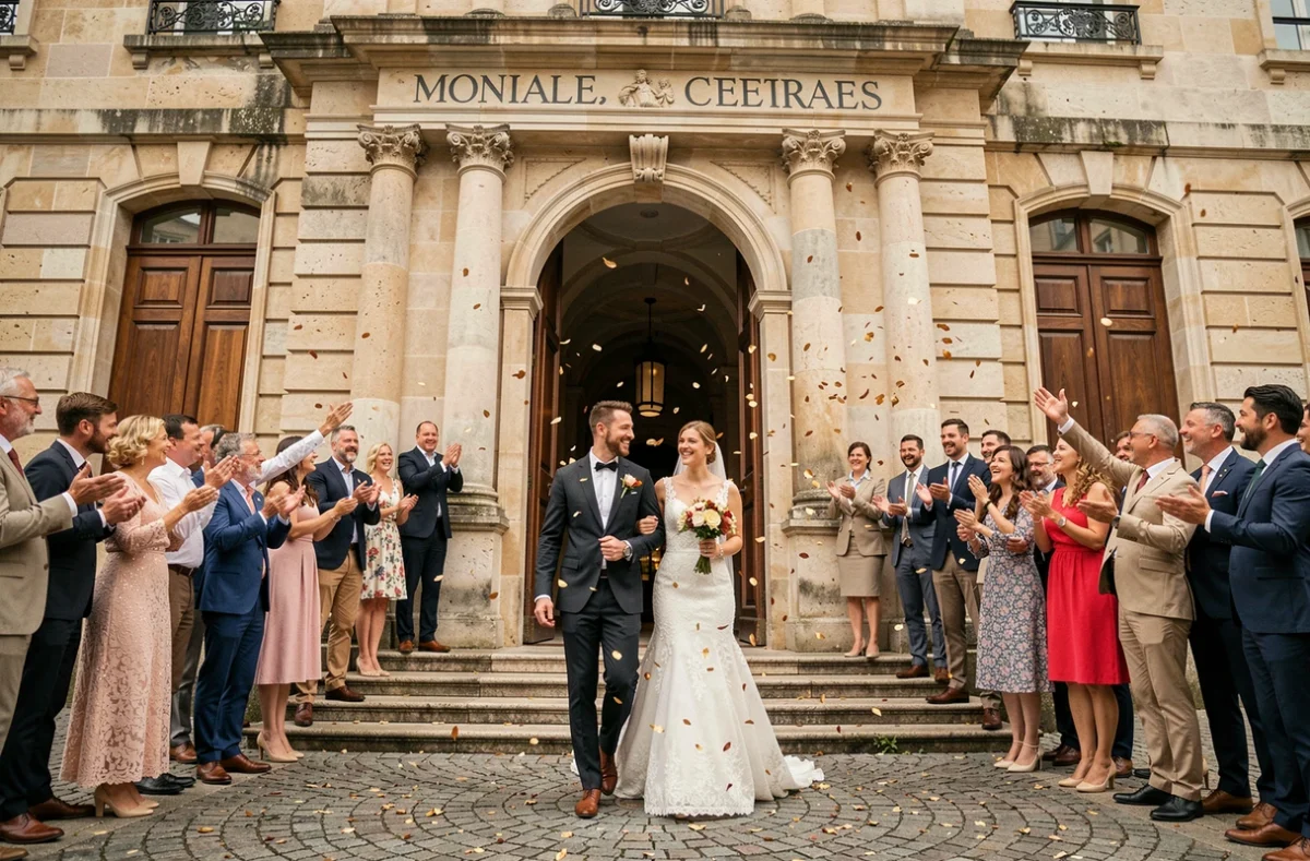 Couple de jeunes mariés sortant d'une mairie française sous une pluie de confettis entouré de leurs proches