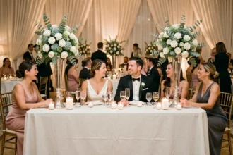 Mariés assis à la table d'honneur entourés de leurs témoins lors d'une réception de mariage élégante