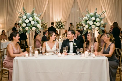 Mariés assis à la table d'honneur entourés de leurs témoins lors d'une réception de mariage élégante